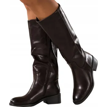 Dámské kozačky KOZAČKY Dámské Čokoládové POHODLNÉ Nízký Podpatek Nad Koleno MÓDNÍ vel. 41