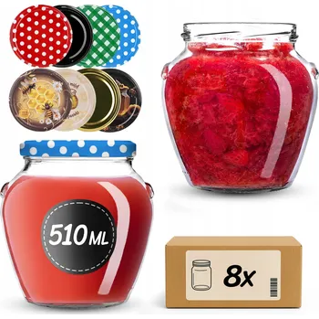 Sklenice ZAVAŘOVACÍ SKLENICE 510 ml SKLENICE NA ZAVAŘENINY DŽEM MED VÍČKO 8 ks + ŠROUBOVACÍ VÍČKA FI 82