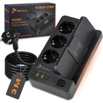 Napájecí kabel PRODLUŽOVACÍ KABEL ZÁSUVKOVÁ LIŠTA 3M PROTIPŘEPĚŤOVÁ OCHRANA 3 ZÁSUVKY 2x USB 2x USB-C