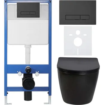 WC sada CERANO - Kompletní podomítkový WC set Lite/Verde - černá lesklá - WC tlačítko Slim, černé matné - předstěnová instalace/sádrokarton - 49x36 cm