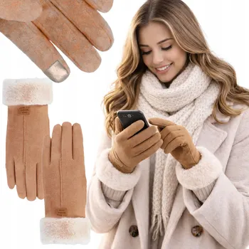 Rukavice Dámské zimní rukavice dotykové zateplené s kožíškem semišové béžové