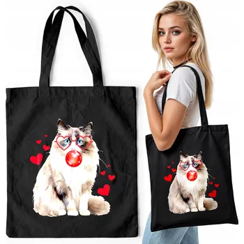 Černá bavlněná nákupní taška – KOČKA ŽVÝKAČKA LÁTKOVÁ PANENKA KOŤÁTKO