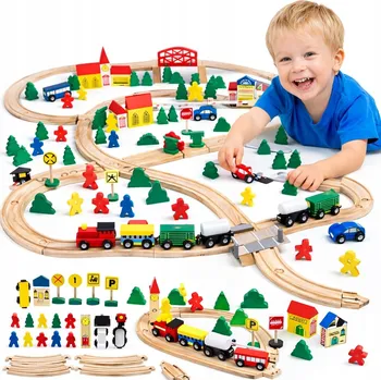 Vláček a vláčkodráha Dřevěná vláčkodráha, vláček, lokomotiva, město, 100 dílů VLAK