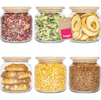 Dóza na potraviny 6X SKLENĚNÁ NÁDOBA NA POTRAVINY PRO SÝPKÉ POTRAVINY S DŘEVĚNÝM VÍKEM 500ml