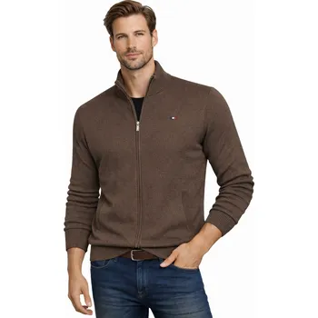 Pánské oblečení PÁNSKÝ SVETR SE STOJÁČKEM - ROZEPÍNACÍ SVETR HNĚDÝ BAVLNĚNÝ KLASICKÝ