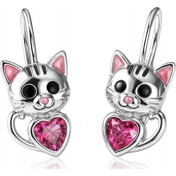 Náušnice Stříbrné náušnice kočky se srdíčkem a zirkon, stříbro o ryzosti 925, anglické zapínání