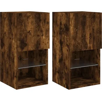 Televizní stolek Závěsná TV skříňka s LED RGB podsvícením, dřevěný materiál, kouřový dub, 30,5 cm