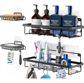 Koupelnový nábytek 4x KOUPELNOVÁ POLICE do sprchy kovová černá nástěnná samolepicí