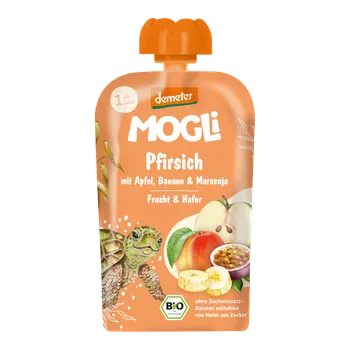 MOGLi bio broskvová kapsička s jablkem, banánem, marakujou a ovesnými vločkami 100 g s certifikací Demeter