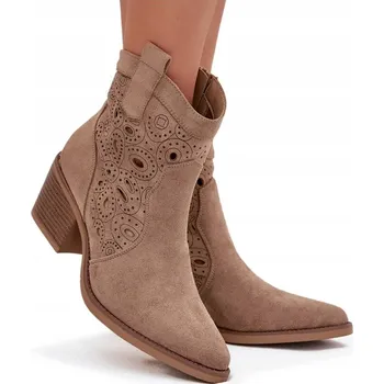 Dámská obuv KOTNÍKOVÉ BOTY KOVBOJSKÉ BOTY EKO SEMIŠ AŽUROVÝ VZOR PODPATKŮ NA ZIP BÉŽOVÉ 41