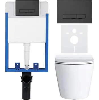 WC sada CERANO - Kompletní podomítkový WC set Lite/Norbi - bílá lesklá - WC tlačítko Slim, černé matné - k zazdění - 48,5x36,5 cm