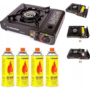 Turistický vařič TURISTICKÝ PLYNOVÝ VAŘIČ PŘENOSNÝ NA KARTUŠE A LÁHVE KUFR 2V1 + 4X KARTUŠE