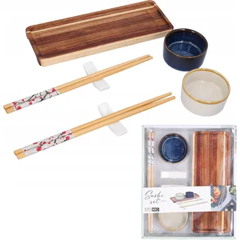 Sada na servírování sushi, dřevěný tác, misky, hůlky, 9 dílů