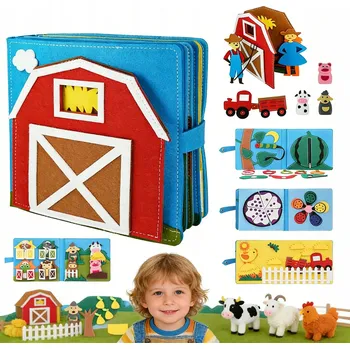 Dřevěná hračka FILCOVÁ MONTESSORI SENZORICKÁ EDUKAČNÍ KNIŽKA 3D PRO DĚTI - FARMA