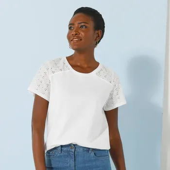 Dámská móda Tričko s kulatým výstřihem, krátkými rukávy a madeirou bílá 34/36