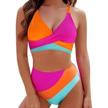 Dámské plavky Módní dvoudílné plavky duhové V-neck s vysokým pasem, bikiny L