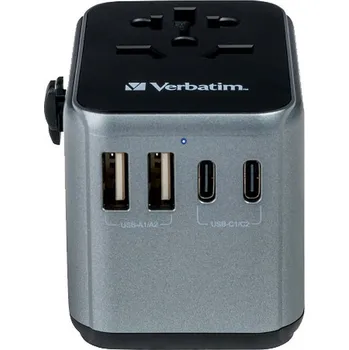 Adaptér univerzální Verbatim World-to-World UTA-03, cestovní, USB-C 30W, 2 x USB-A, 2 x USB-C, černý