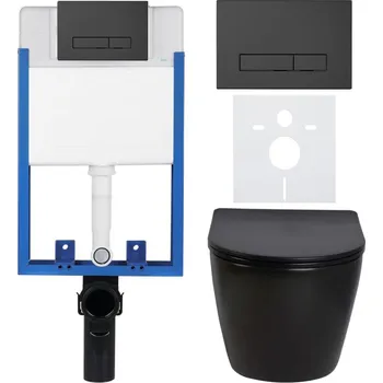 WC sada CERANO - Kompletní podomítkový WC set Lite/Verde - černá lesklá - WC tlačítko Slim, černé matné - k zazdění - 49x36 cm