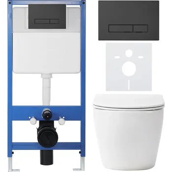 WC sada CERANO - Kompletní podomítkový WC set Lite/Verde - bílá lesklá - WC tlačítko Slim, černé matné - předstěnová instalace/sádrokarton - 49x36 cm