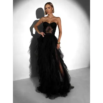 Dámské šaty Černé plesové tylové šaty FERELIX s korzetem Velikost: S