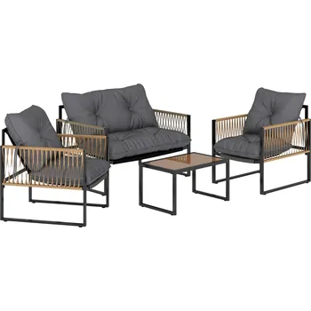 Zahradní sestava Zahradní ratanový nábytek Outsunny 4 kusy s polštáři, zahradní sedací souprava, 1 skleněný konferenční stolek, 2 křesla, 1 dvoulůžková pohovka, elegantní sedací souprava |