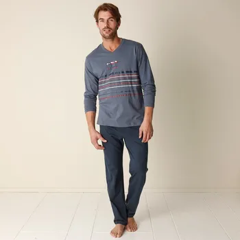 Pánské pyžamo Pyžamo s kalhotami, jemná bavlna modrošedá/nám.modrá 127/136