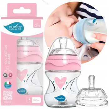 Kojenecká láhev Nuvita, Skleněná kojenecká láhev proti kolice, růžová, 140 ml