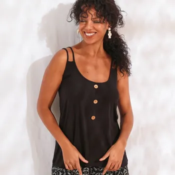 Dámská móda Jednobarevný top s kokosovými knoflíčky černá 38/40