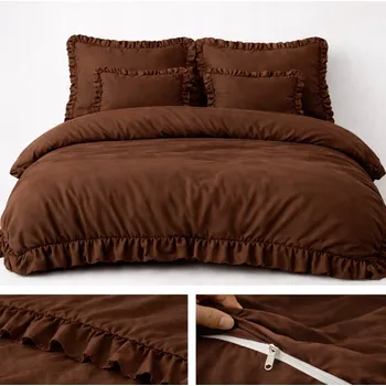Povlečení POVLEČENÍ S VOLÁNEM 160x200 HNĚDÁ SOUPRAVA 3 DÍLNÁ MIKROVLÁKNO