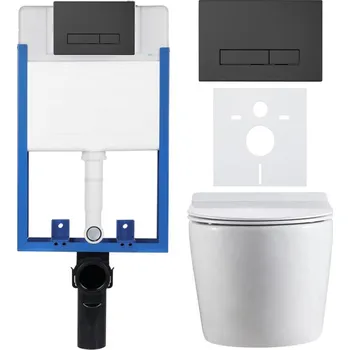 WC sada CERANO - Kompletní podomítkový WC set Lite/Felci - bílá lesklá - WC tlačítko Slim, černé matné - k zazdění - 52,5x36 cm