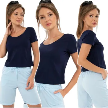 Dámská halenka DÁMSKÁ HALENKA KLASICKÁ TOP KRÁTKÝ RUKÁV HLADKÁ VÝSTŘIH TMAVĚ MODRÁ BAVLNA L