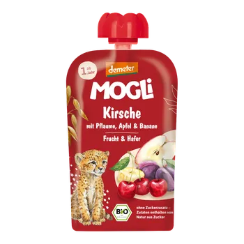MOGLi bio višňová kapsička se švestkami, jablkem, banánem a ovesnými vločkami 100 g s certifikací Demeter