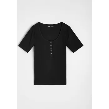 Dámské tričko Sinsay - Žebrované tričko s knoflíky - černá - 501EU-99X - 501EU-99X-S