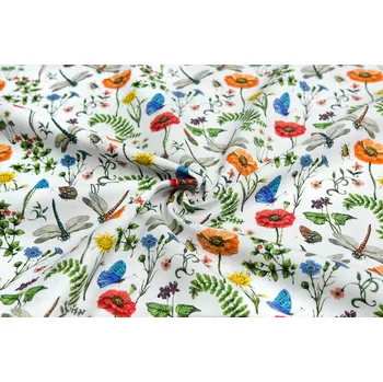 Bavlněné plátno luční kvítí s motýlky a vážkami