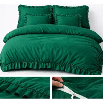 Povlečení POVLEČENÍ S VOLÁNEM 160X200 BARVA LAHVOVĚ ZELEŇ SADA 3 DÍLNÁ