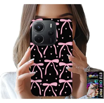 Pouzdro na mobilní telefon POUZDRO pro Xiaomi Redmi Note 14 4G - Černo-růžové stuhy mašle stuha