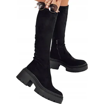 Dámské kozačky Dámské semišové kozačky na silné podrážce černé ZY1210 - 38