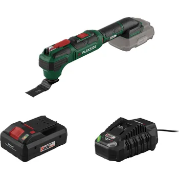 PARKSIDE PAMFW 20 Li C3 1x 4 Ah + 1x ponorný pilový list Hcs, 1x diamantový pilový list, 1x škrabka, 1x delta brusná deska, 1x adaptér pro externí odsávání prachu, 6x brusný list