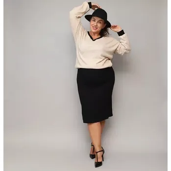 Dámské šaty Béžovo-černé šaty s úpletovou blůzou (682) odstíny béžové XXL (44)