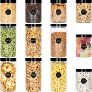 Dóza na potraviny 12x ZAVAŘOVACÍ SKLENICE NÁDOBA NA POTRAVINY NA SÝPKÉ POTRAVINY 1L 1,5L + SAMOLEPICÍ ŠTÍTKY