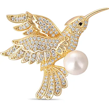 Brož JwL Luxury Pearls Okouzlující pozlacená brož kolibřík s pravou perlou JL0516 + 2 měsíce na vrácení zboží