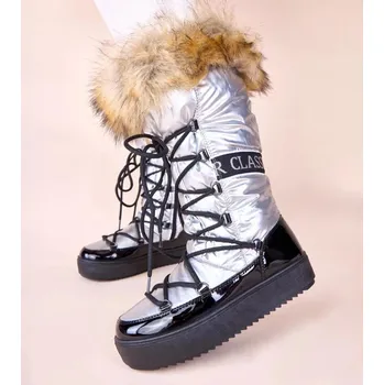 Dámská zimní obuv Dámské sněhule AT001 Stříbrná s černou - CHIC shoes stříbrná 39