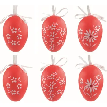 Velikonoční dekorace Velikonoční vejce plastová Květiny červené 6 cm na zavěšení, 6 ks v sáčku
