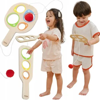 Dřevěná hračka DŘEVĚNÉ PÁLKY NA HRU CHYŤ MÍČEK KREATIVNÍ SADA S MÍČKEM A BODOVÁNÍM VIGA