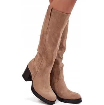 Dámské kozačky DÁMSKÉ KOZAČKY Z EKO SEMIŠE NA MASIVNÍM PODPATKU ZATEPLENÉ ZIP BÉŽOVÉ 39