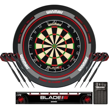 Kompletní šipkařský set s terčem Winmau Blade 6, šedým surroundem, 2 sety šipek, startovací čára a v