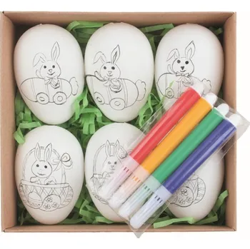 Velikonoční dekorace Sada velikonočních plastových vajec Zajíc K domalování 6 cm na zavěšení, 6 ks vajec + 4 ks fixů
