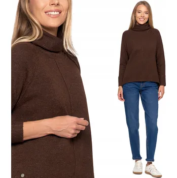 Dámské oblečení DÁMSKÝ SVETR TEPLÝ S ROLÁKEM MORAJ ASYMETRICKÝ ZADNÍ DÍL HNĚDÝ L/XL