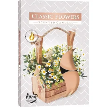 Svíčka Čajová svíčka parafinová Klasické květy Aura 6 ks