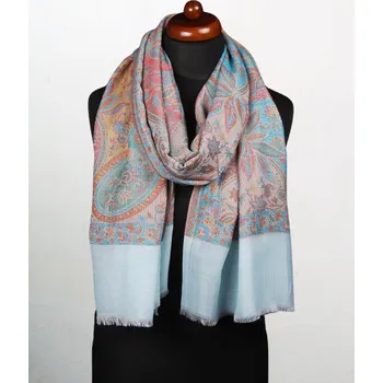 Šála Kašmírská vlněná pašmína Khani Jamavar exclusive Kalsang se světle modrou a tyrkysovou